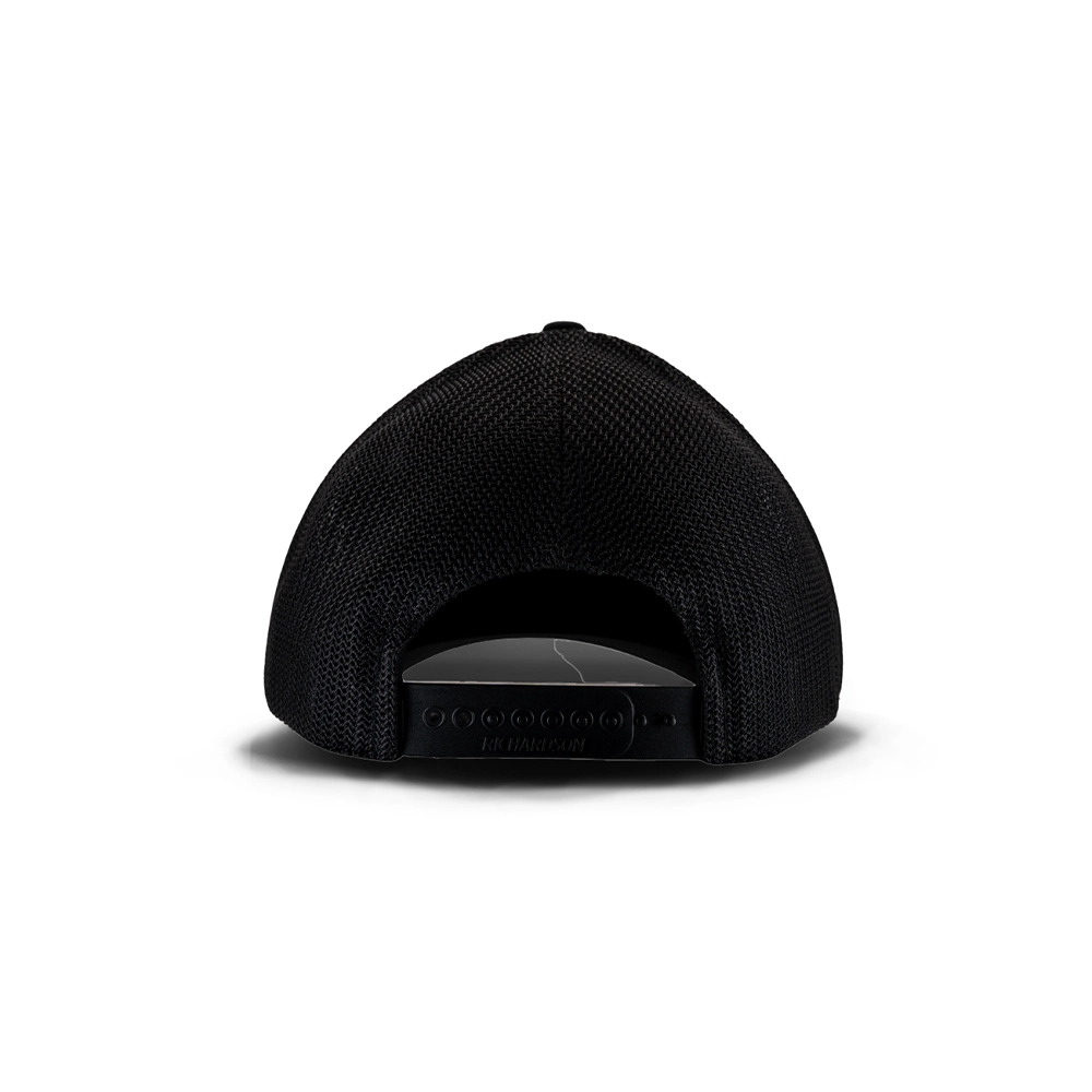 Black cap with a brand logo on a white background