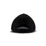 Black cap with a brand logo on a white background