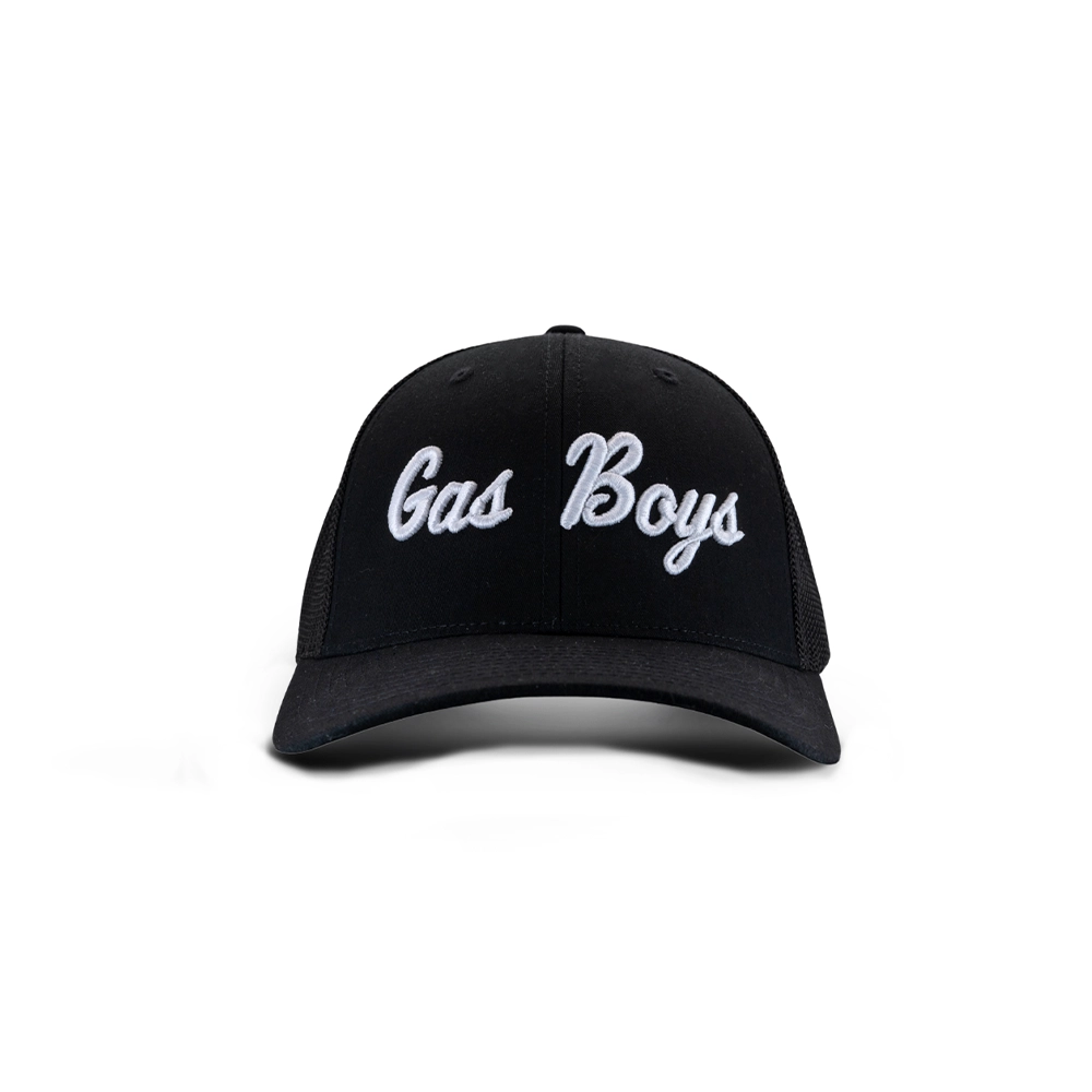 Black cap with 'Gas Boys' text on a white background