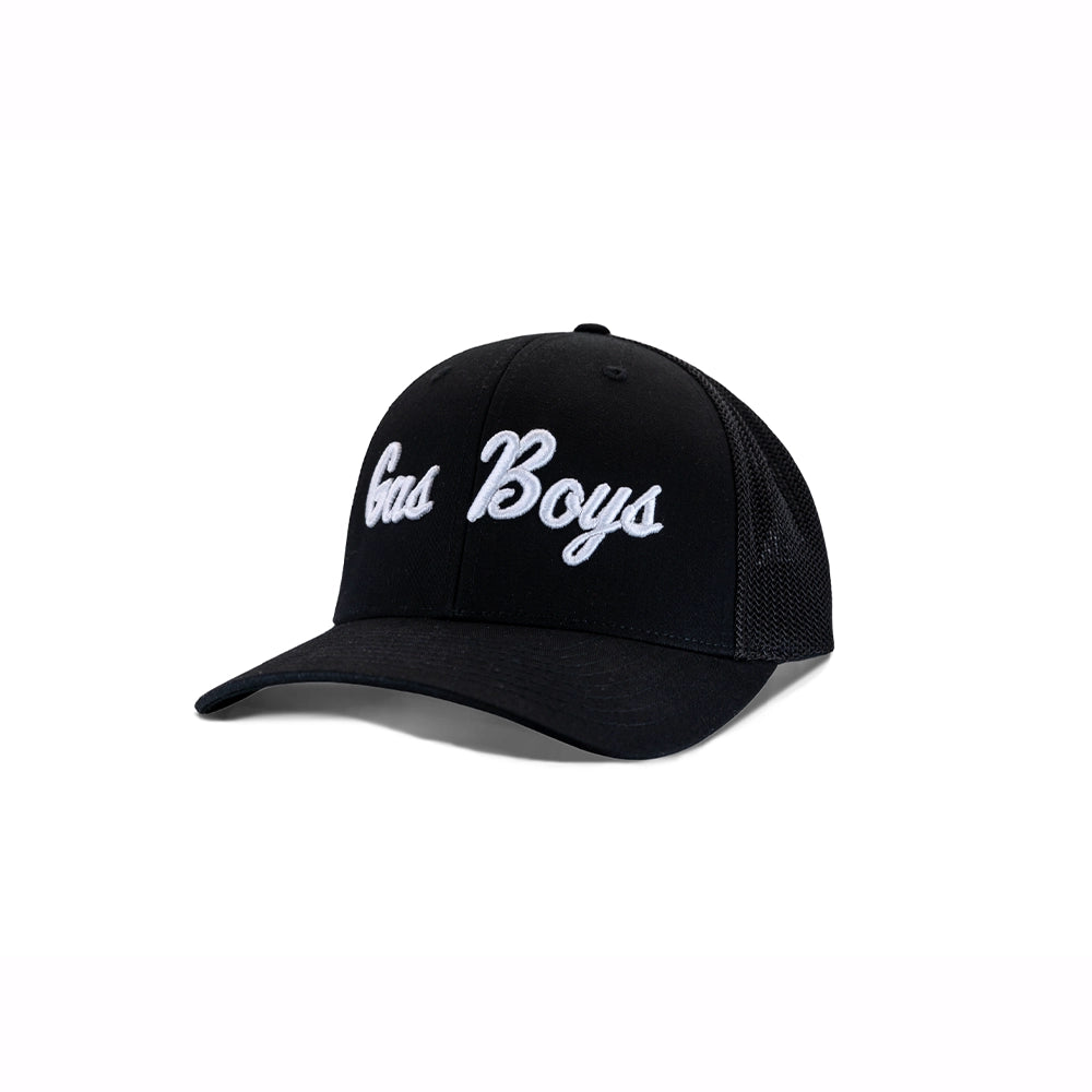 Black cap with 'Gas Boys' text on a white background