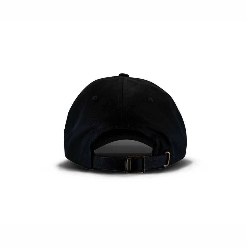 Black baseball cap with adjustable brass buckle strap, viewed from behind on a white background.