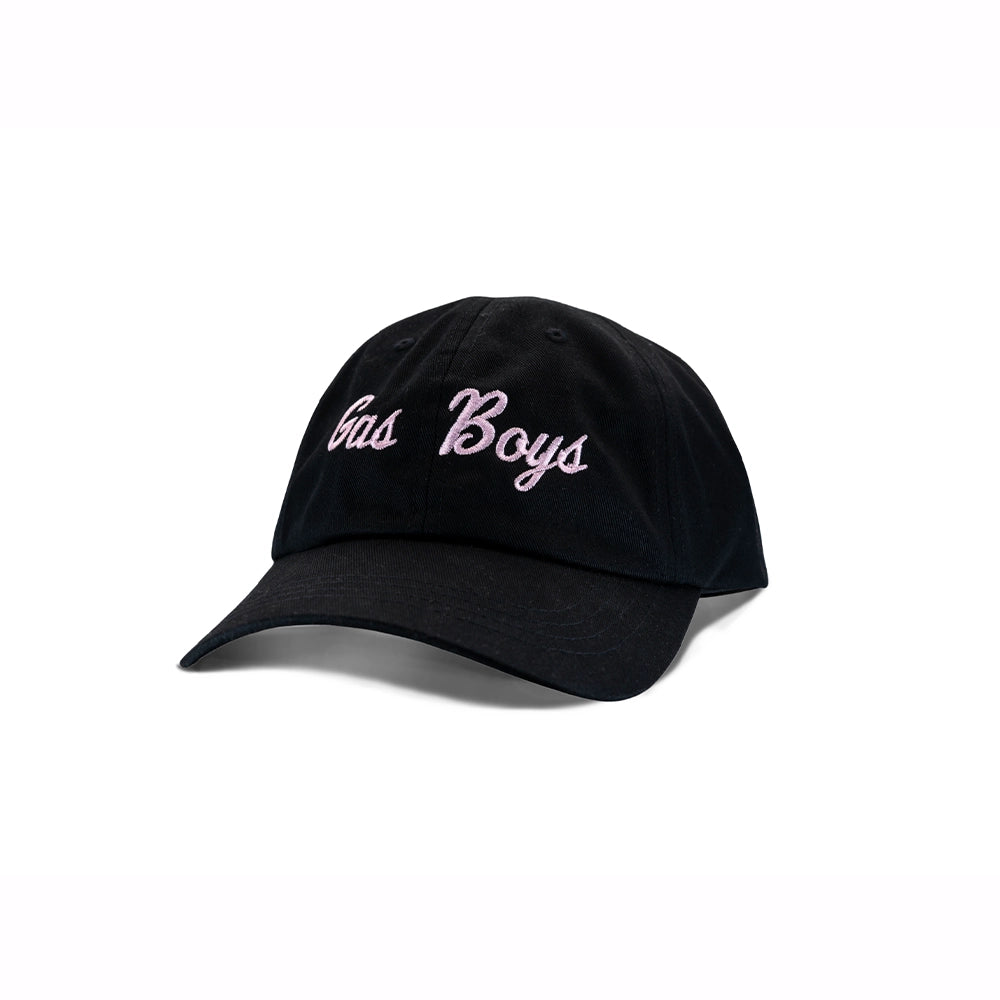 Black baseball cap with pink embroidered "Gas Boys" text, curved brim, casual style