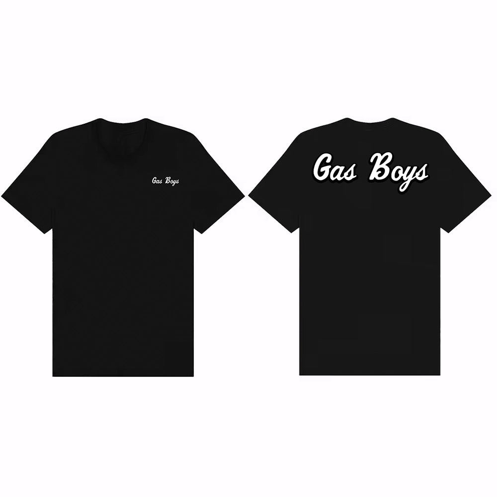 Black t-shirt with 'Gas Boys' text on front and back