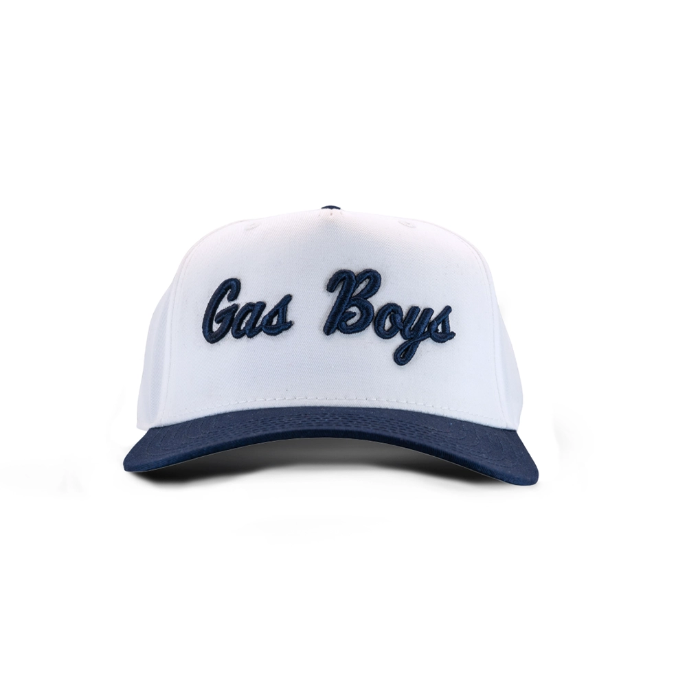 White and navy baseball cap with embroidered "Gas Boys" text in cursive script