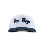 White and navy baseball cap with embroidered "Gas Boys" text in cursive script