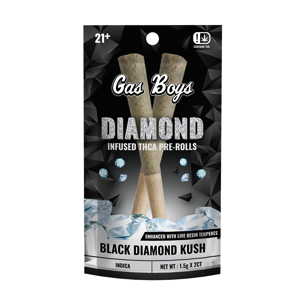 Packaging of Gas Boys Diamond Infused THC-A Fire Rolls with black and white design.