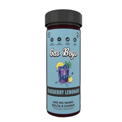 Gas Boys Blueberry Lemonade Delta 9 Gummy jar with blue label, featuring illustrated drink with blueberries, lemon, and mint leaves. 400mg nano gummy, vegan and lab tested.