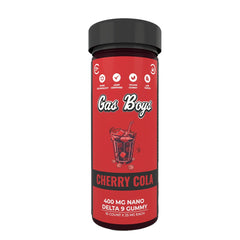 Red container with black lid labeled 'Gas Boys Cherry Cola' on a white background