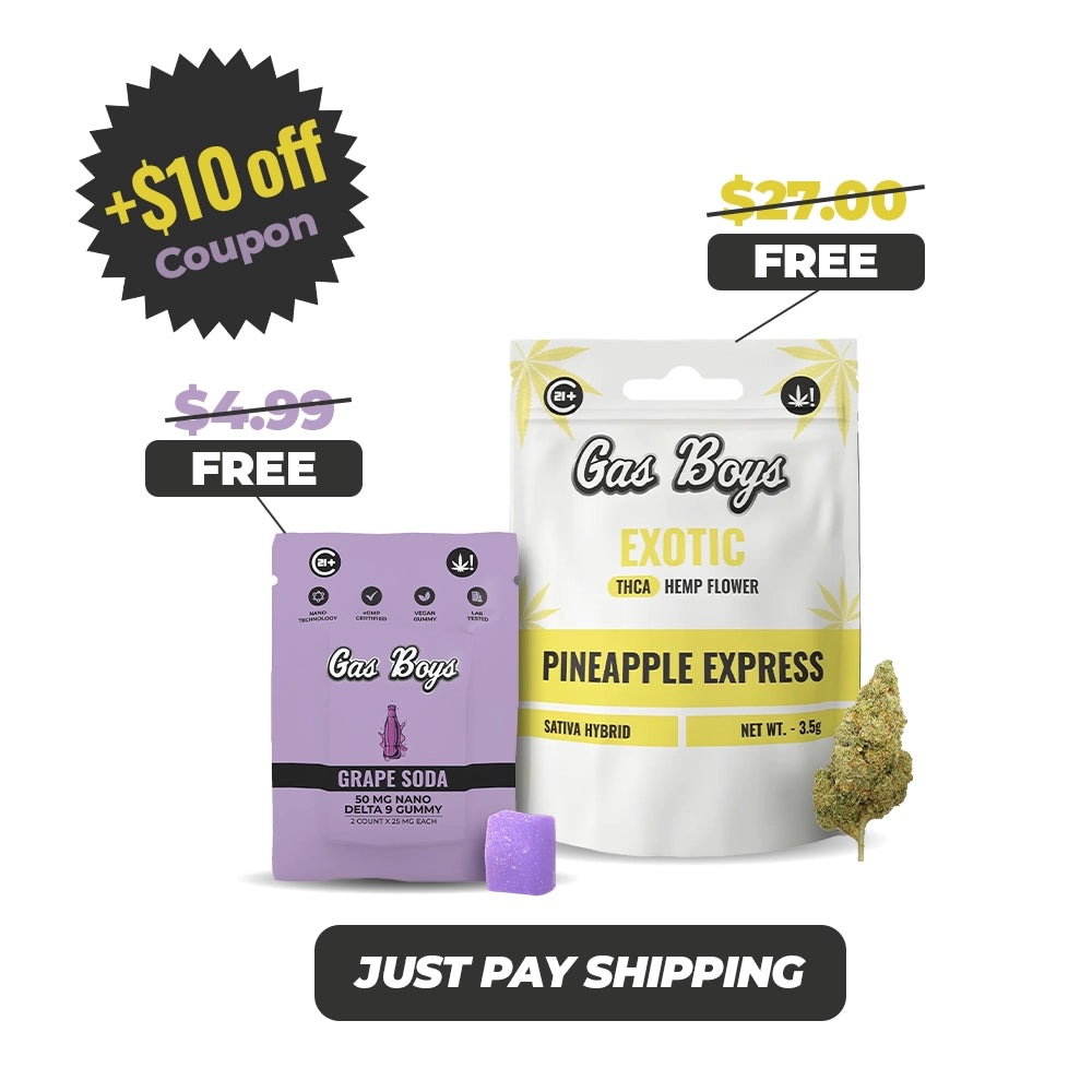Two packages of 'Gas Boys' cannabis products with promotional text on a white background.
