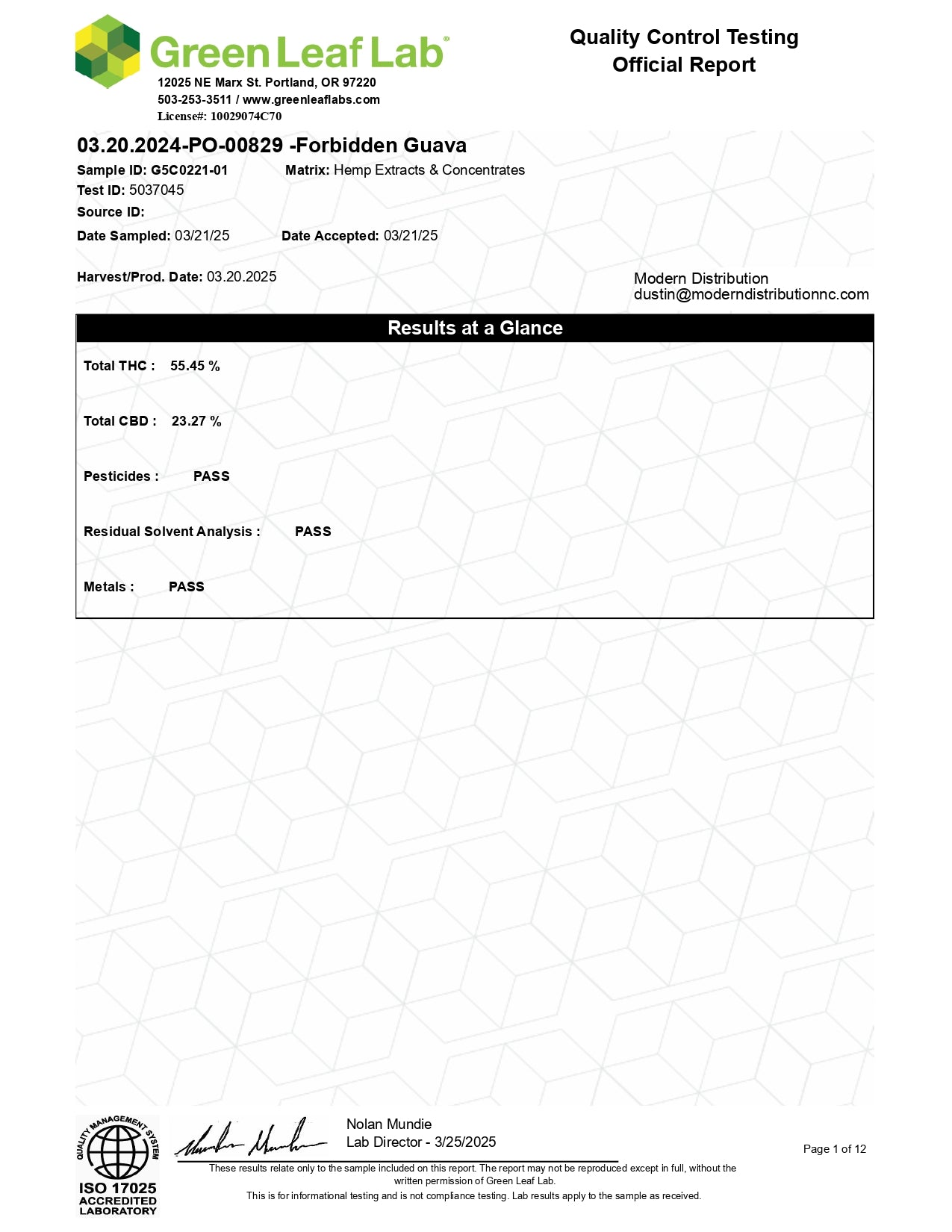 GreenLeaf Lab quality control report for Forbidden Guava hemp extract, showing test results including 55.45% Total THC and 23.27% Total CBD, with passing scores for pesticides, solvents, and metals.
