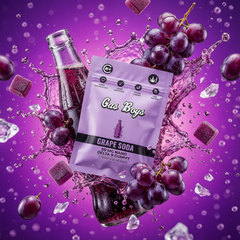 Grape soda gummy package with grapes and a bottle on a purple background