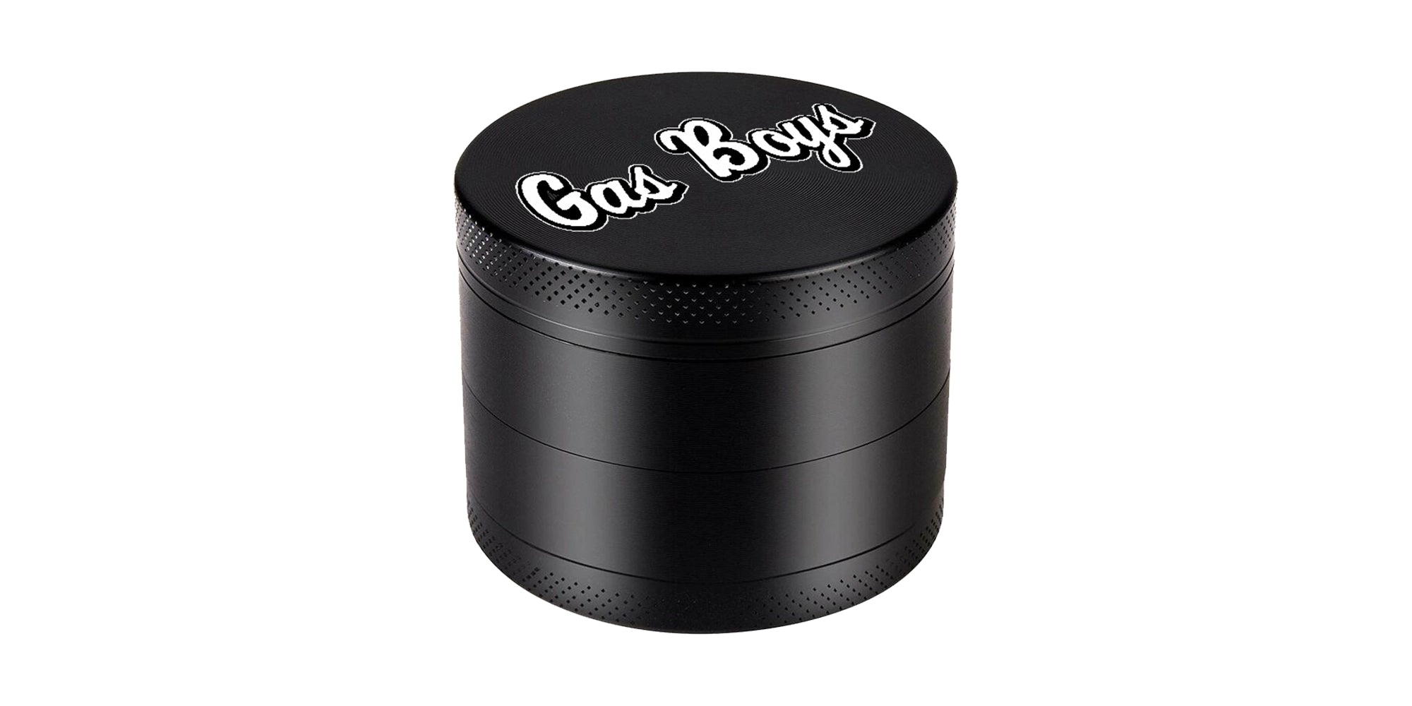 Black four-layered grinder with 'Gas Boys' branding on a white background