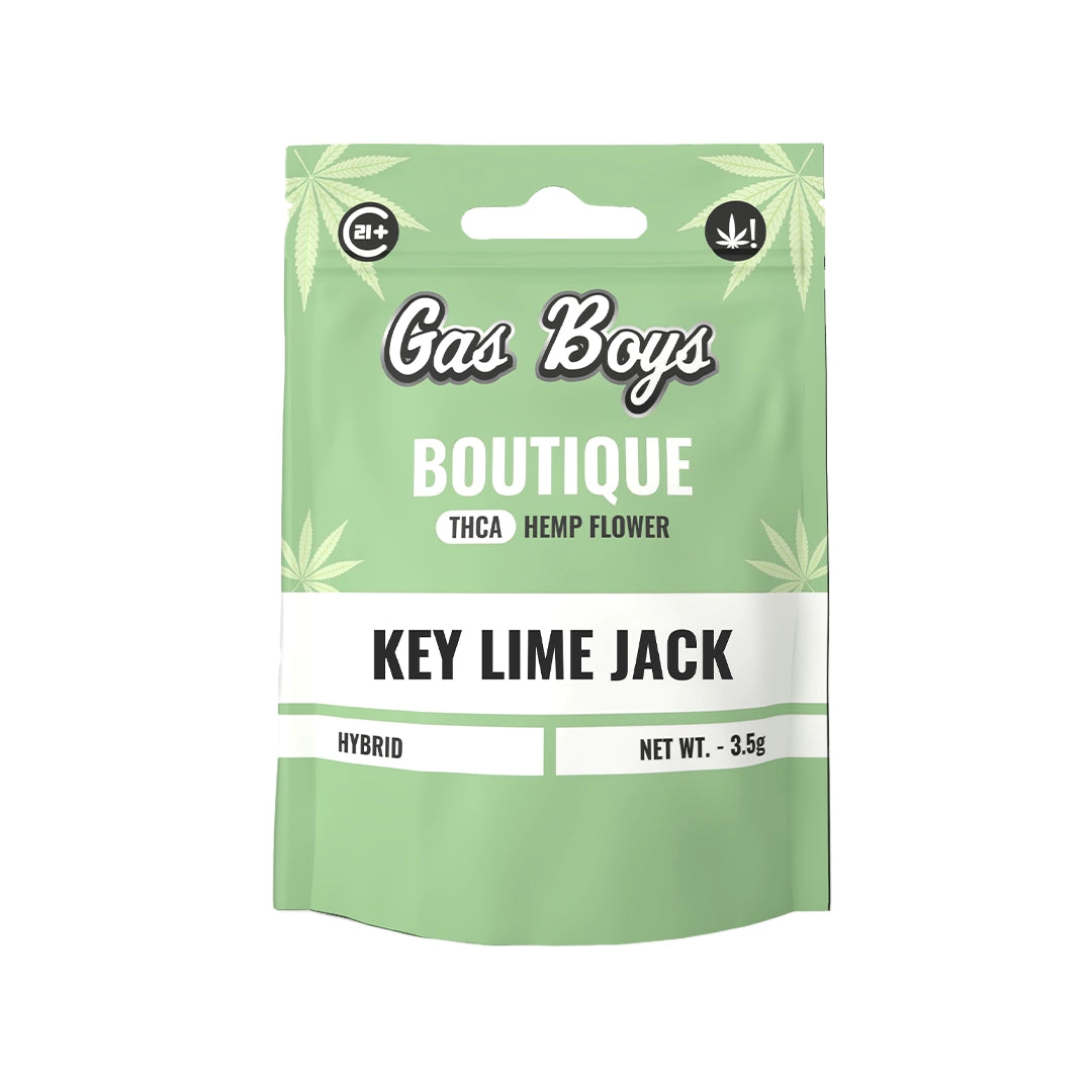 Green packaging of Gas Boys Boutique Key Lime Jack hemp flower on a white background