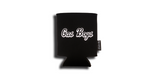 Black can cooler with white "Gas Boys" text and Koozie brand tag