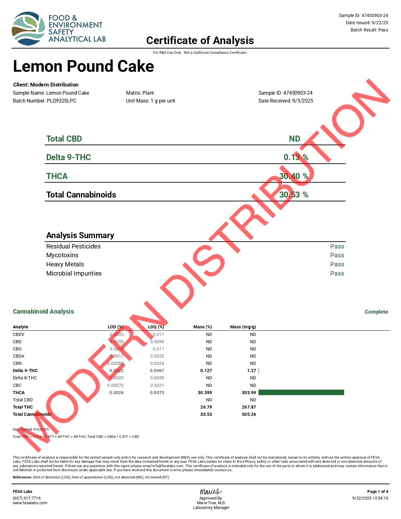 Certificate of analysis for Lemon Pound Cake, showing cannabinoid test results with 30.53% total cannabinoids and passing safety checks.