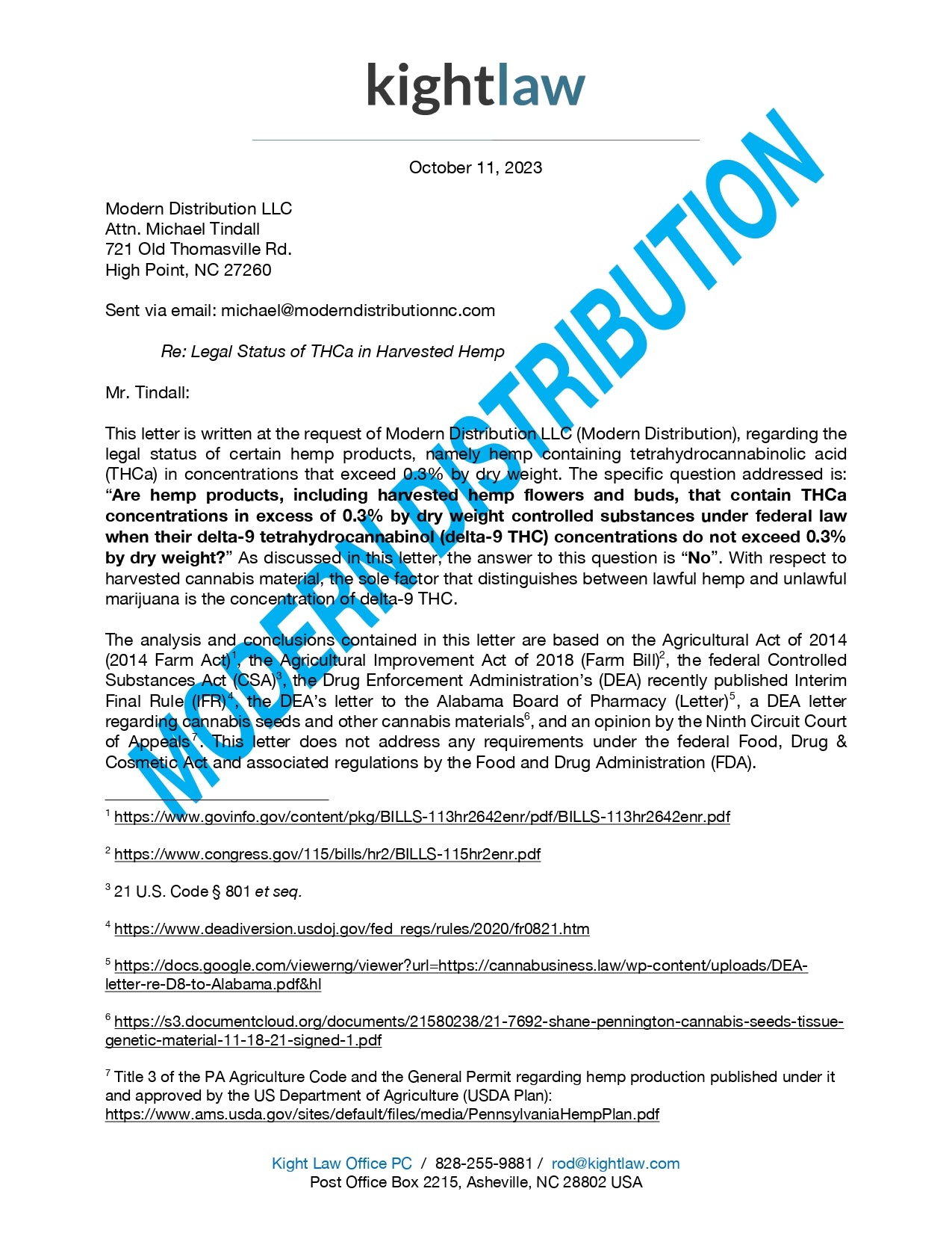 Legal letter from Kight Law regarding the legal status of certain hemp products containing tetrahydrocannabinol (THC).