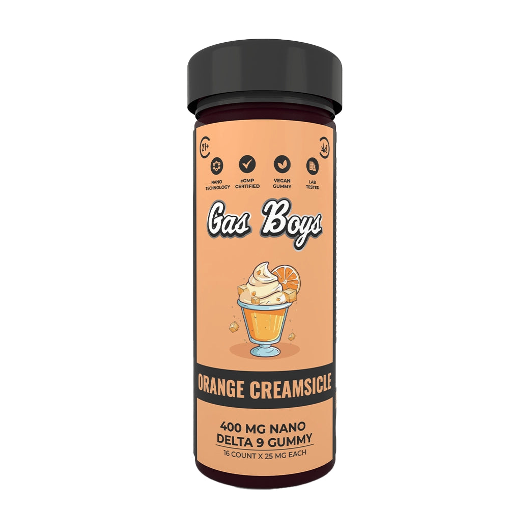 Gas Boys Orange Creamsicle Delta 9 gummy bottle with certification icons, featuring illustrated creamy orange dessert drink.