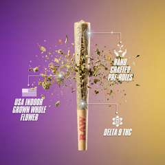 Cannabis pre-roll with visible ingredients on a gradient purple and yellow background, featuring 'RAW' brand and text about indoor grown whole flower and Delta 9 THC.