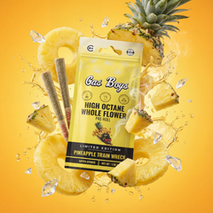 Pre-roll packaging with pineapple slices on a yellow background