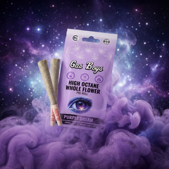Gas Boys high octane whole flower pre-roll packaging with purple dream theme against a cosmic background.