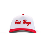 White baseball cap with red brim and "Gas Boys" text in red embroidered lettering