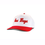 White baseball cap with red brim, featuring red "Gas Boys" script logo across front panel