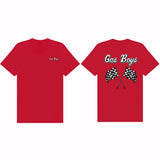 Red t-shirt with 'Gas Boys' text on front and checkered flags on back, on a white background