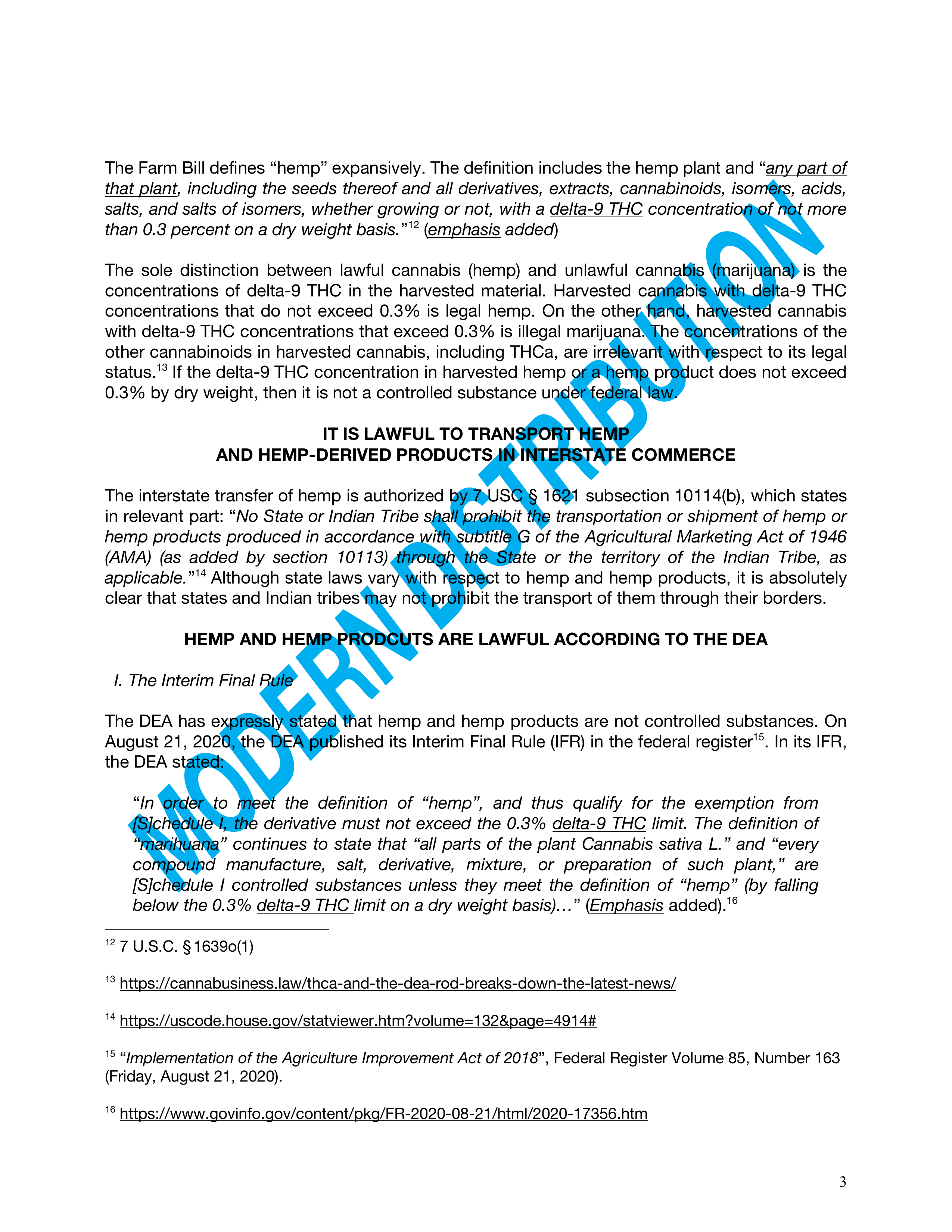 Legal document detailing DEA and Farm Bill regulations on hemp, defining hemp, THC limits, and interstate transportation legality.