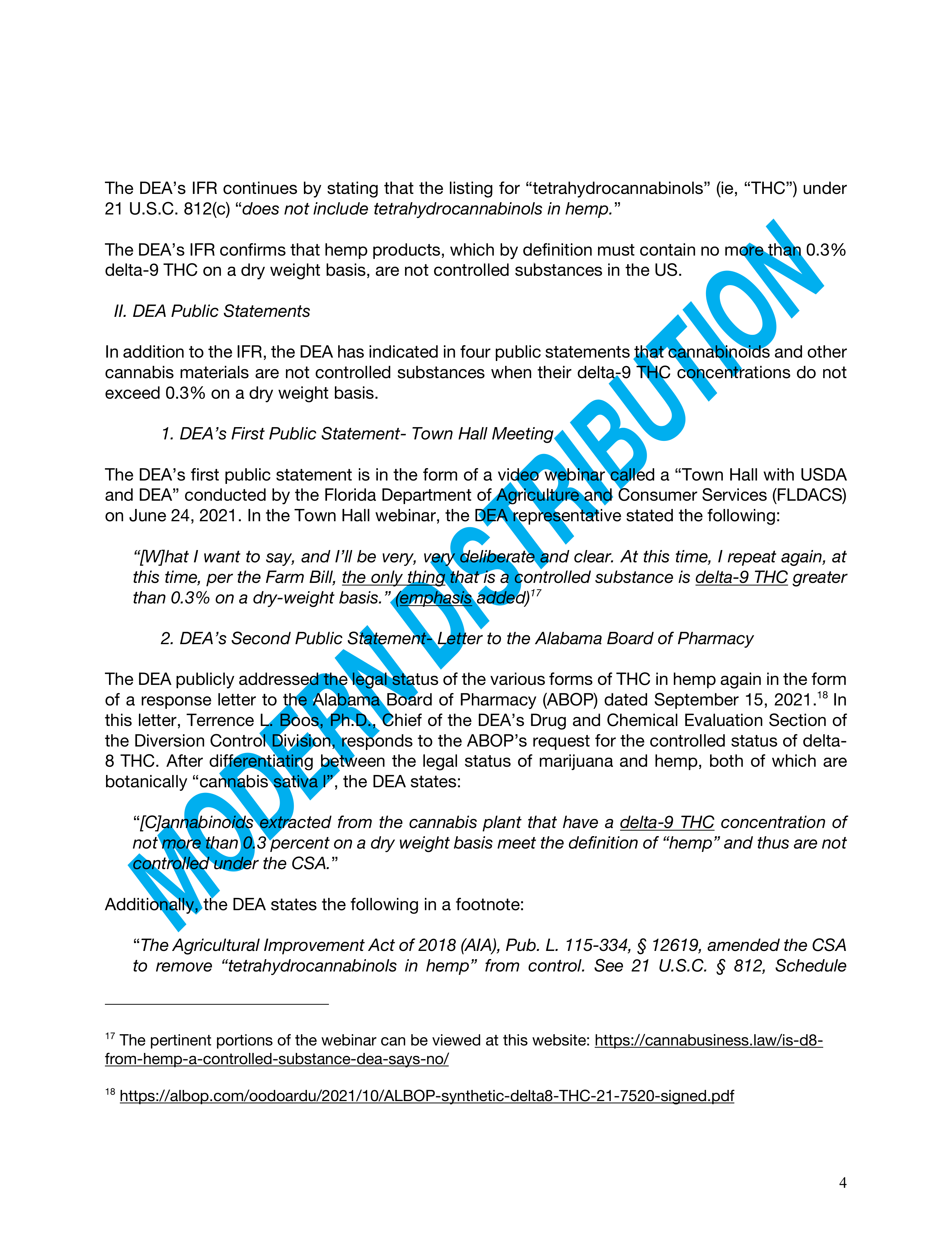 DEA document discussing legal status of tetrahydrocannabinols in hemp, with blue "DISTRIBUTION" watermark across page.