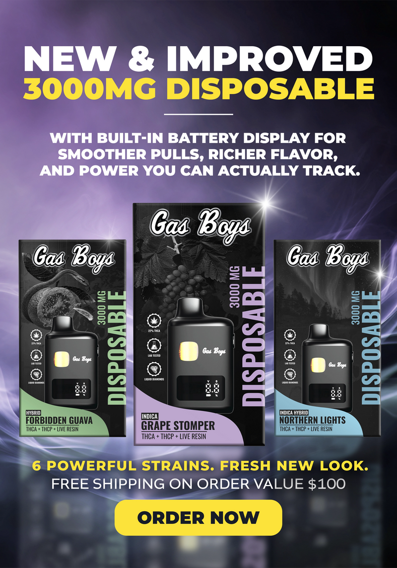Advertisement for Gas Boys disposable vape devices with promotional text on a dark background.