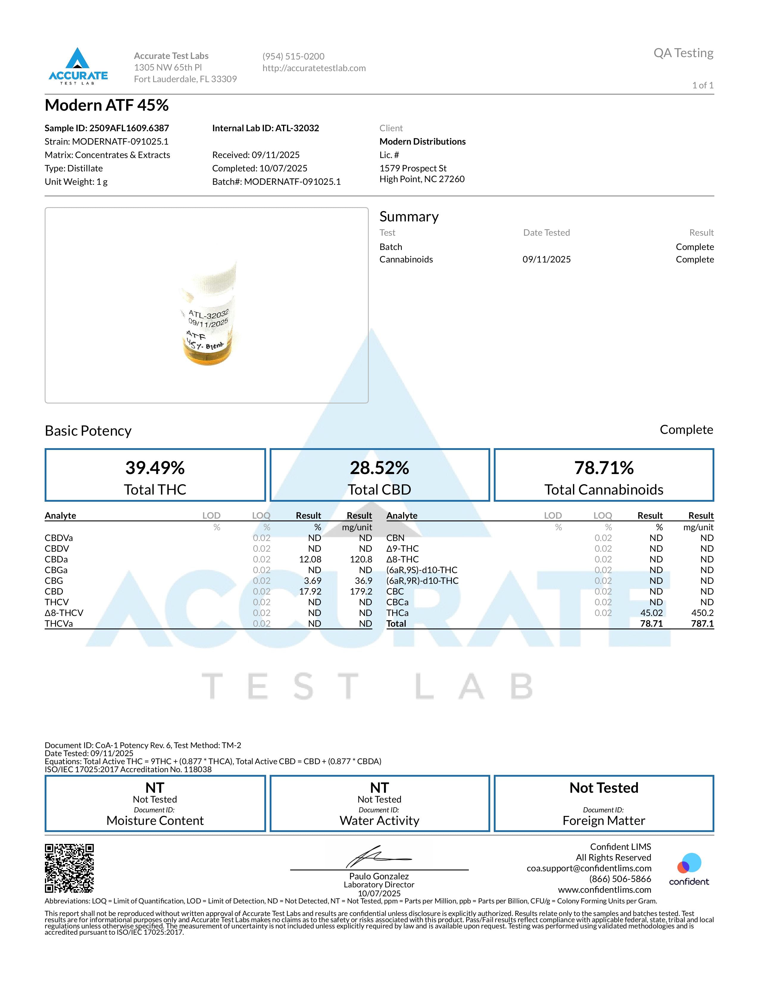 Lab test report for Modern ATF 45% cannabis extract, showing cannabinoid potency percentages and detailed analytical results from Accurate Test Labs.