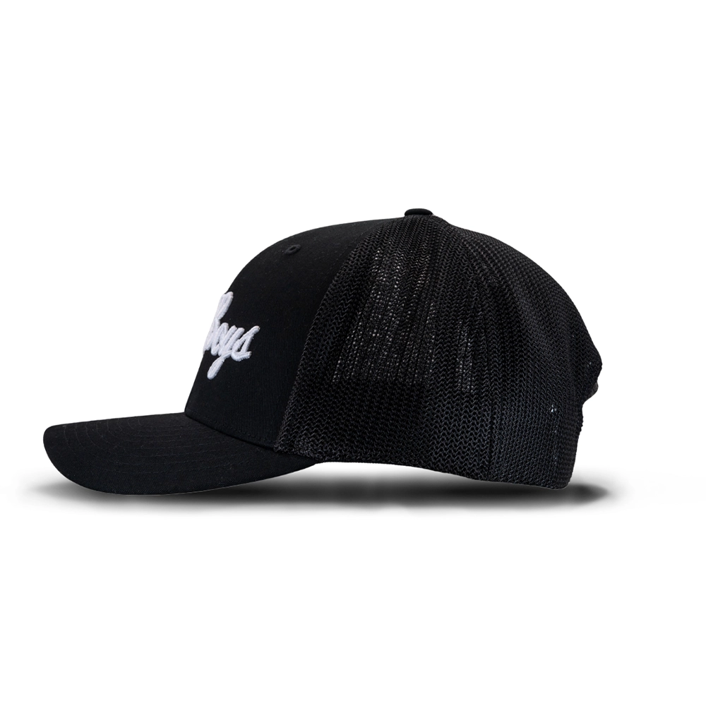 Black cap with white logo on a white background