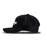 Black cap with white logo on a white background