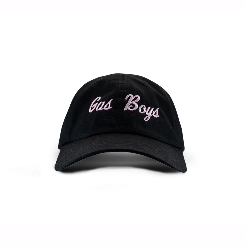 Black baseball cap with pink "Gas Boys" embroidered text, curved brim and structured design