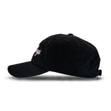 Black baseball cap with pink script logo, side view against white background