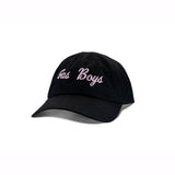 Black baseball cap with pink embroidered "Gas Boys" text, curved brim, casual style