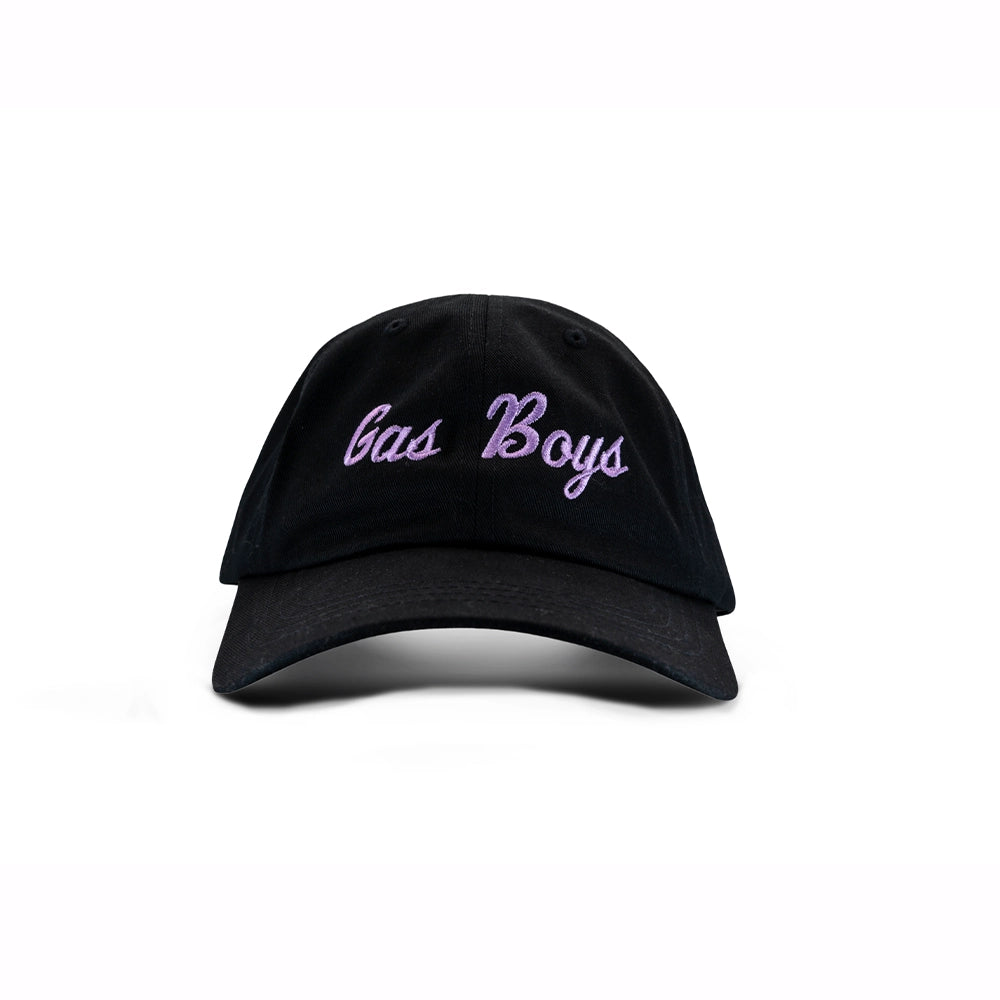 Black baseball cap with "Gas Boys" embroidered in lavender script lettering