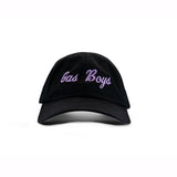 Black baseball cap with "Gas Boys" embroidered in lavender script lettering