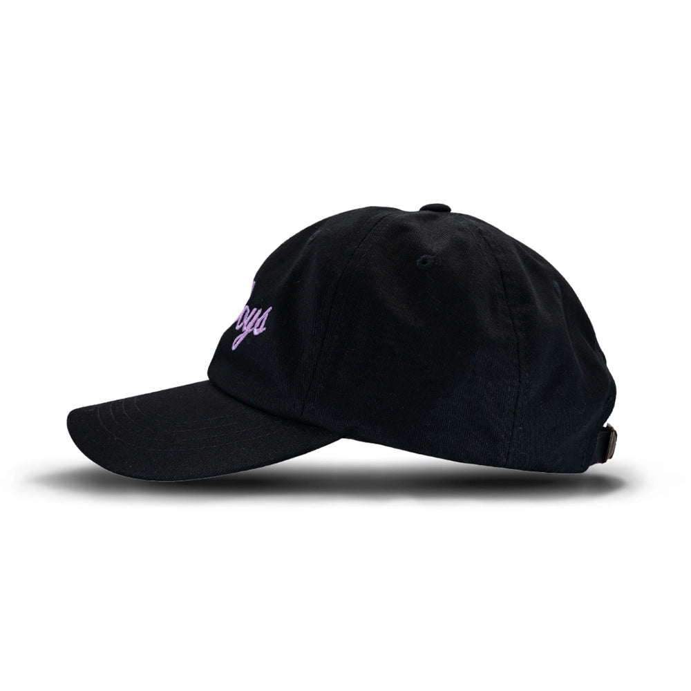 Black baseball cap with small purple logo, viewed from the side against a white background.