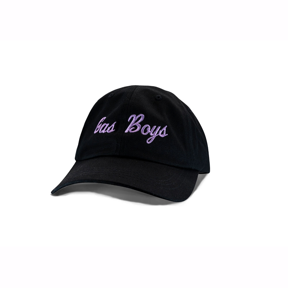 Black baseball cap with purple "Bad Boys" text embroidered on front
