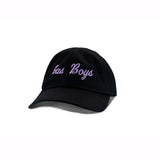 Black baseball cap with purple "Bad Boys" text embroidered on front