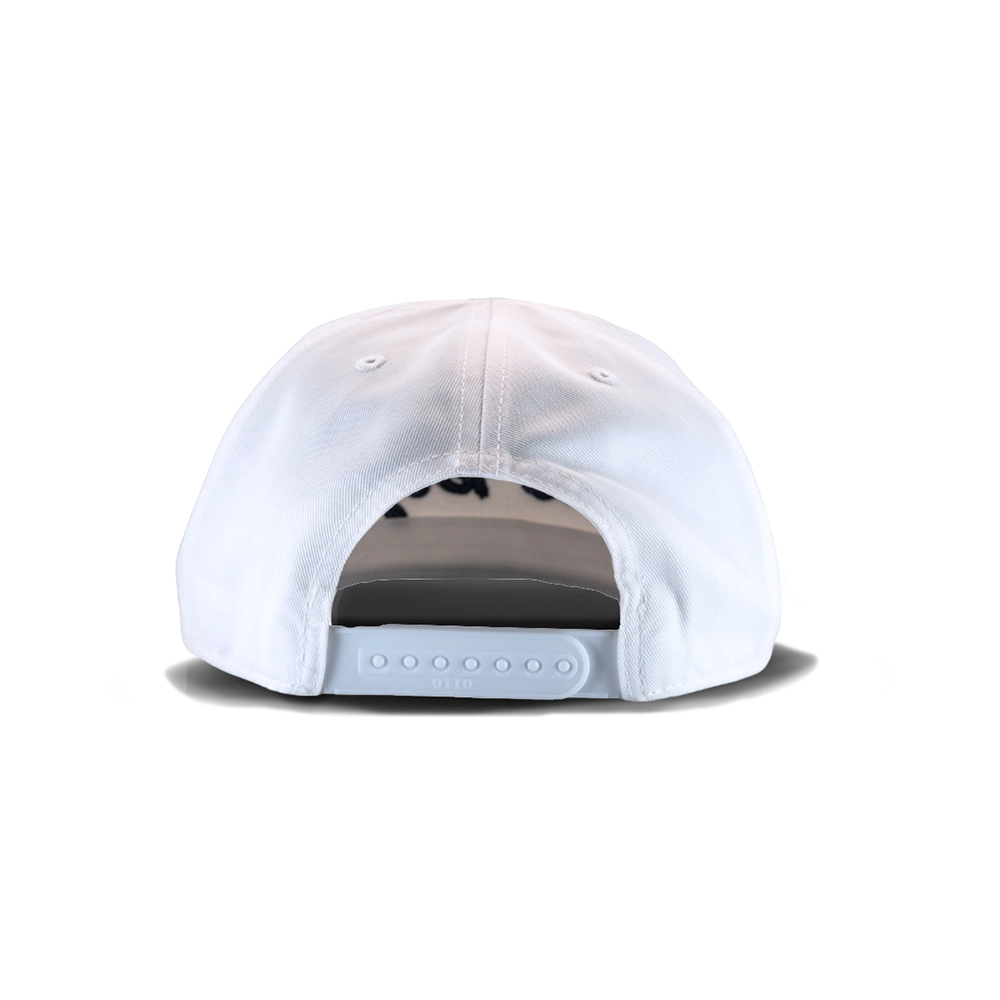 White baseball cap viewed from behind, showing adjustable snapback closure and curved brim.