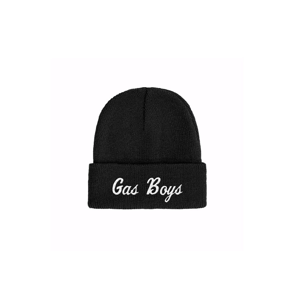 Black knit beanie with white 'Gas Boys' embroidered text on folded brim