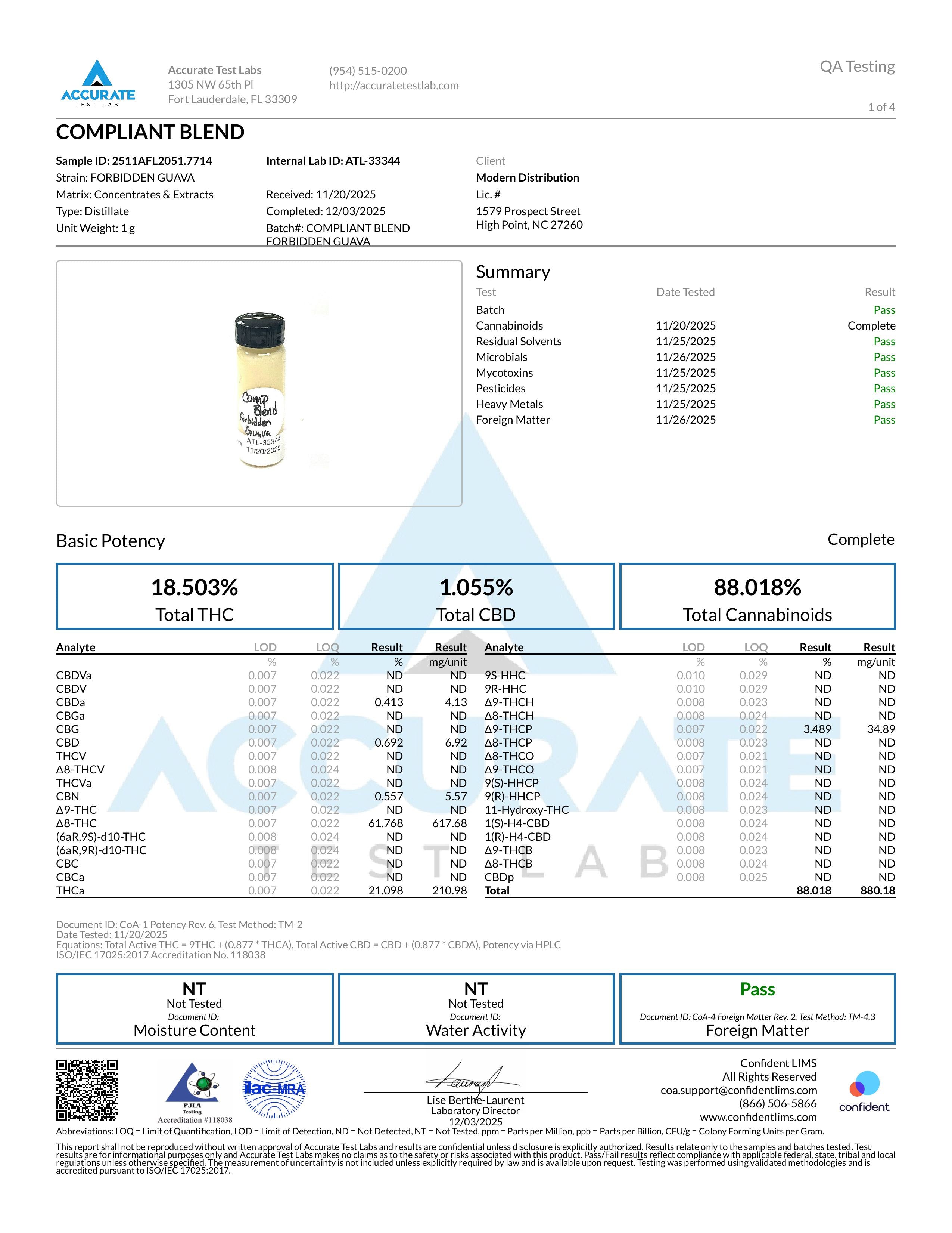 QA testing report for Forbidden Guava cannabis blend, showing laboratory analysis results and potency percentages for Total THC, Total CBD, and Total Cannabinoids.