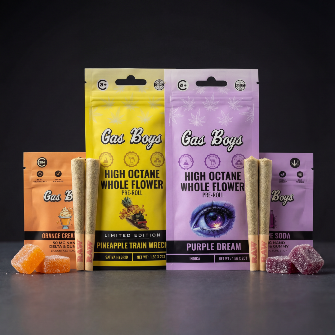 Assorted packages of Gas Boys products on a dark background