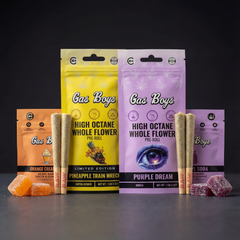 Assorted packages of Gas Boys products on a dark background