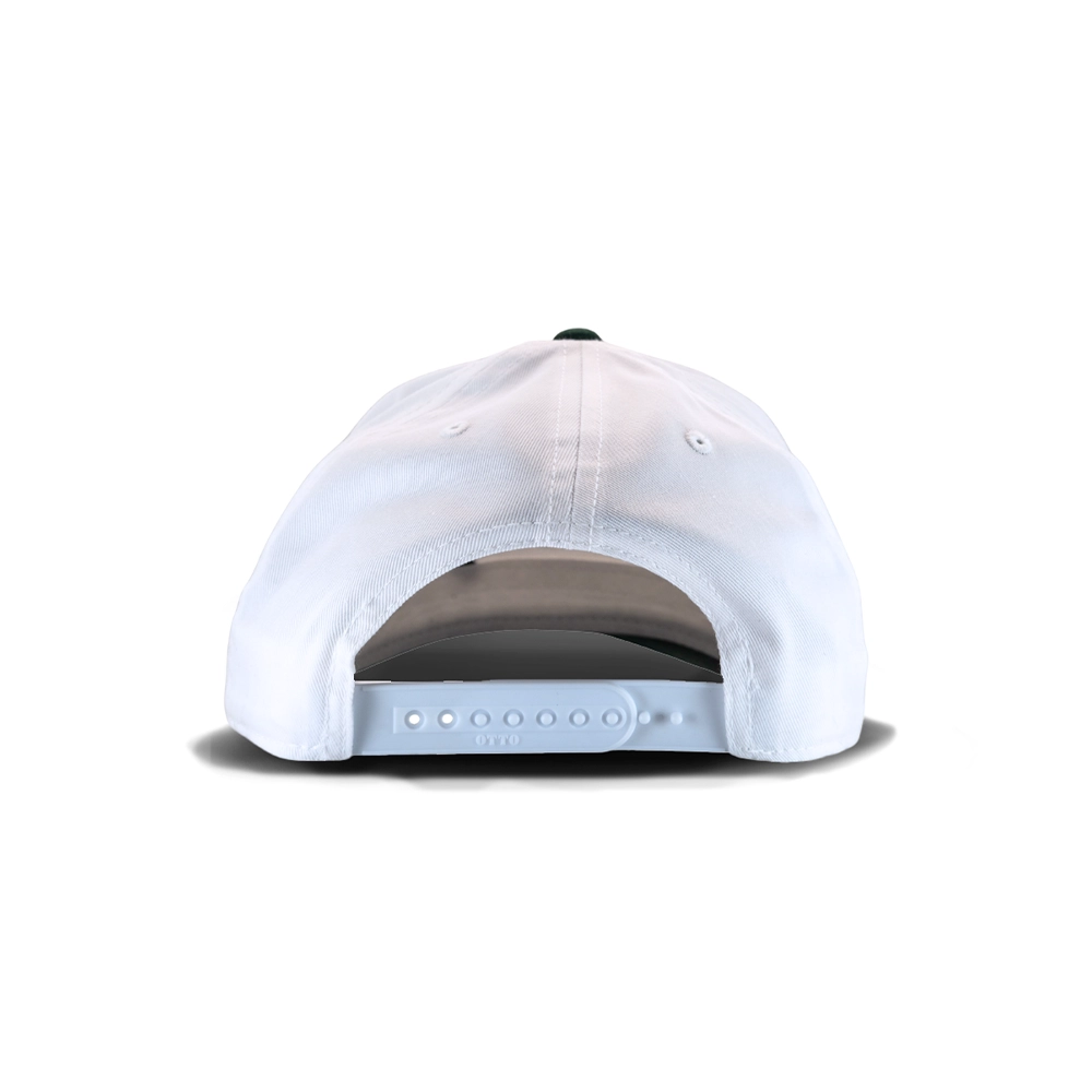 White baseball cap with adjustable snapback closure, viewed from the back