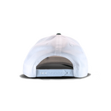 White baseball cap with adjustable snapback closure, viewed from the back
