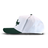 White baseball cap with dark green brim and embroidered green logo, shown from side profile against white background