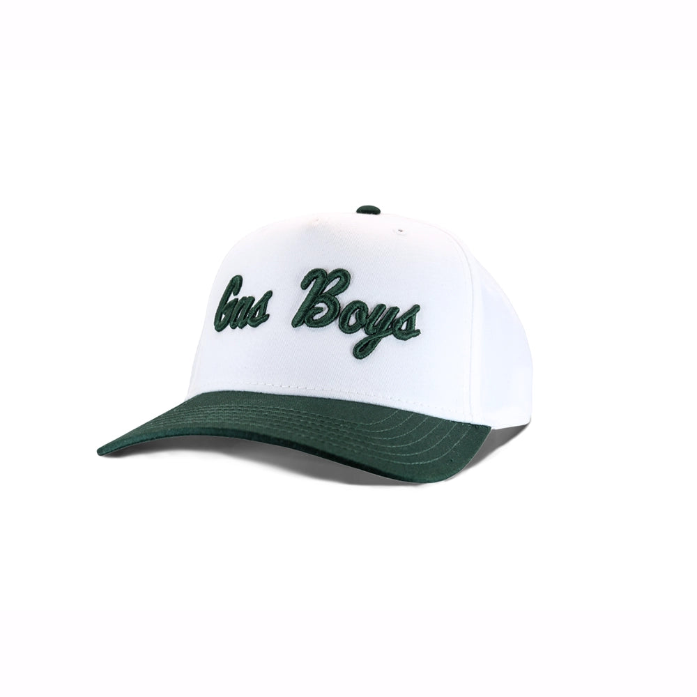 White and green baseball cap with embroidered "Bus Boys" text in dark green script lettering